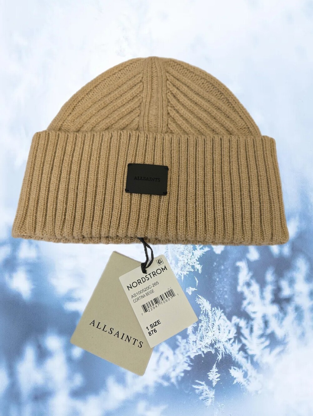 Allsaints Traveling Ribbed Knit Beanie OS Beige Black Logo Acrylic & Wool Blend